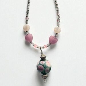 Artisan Venetian Glass Beaded Necklace with Floral Pendant
